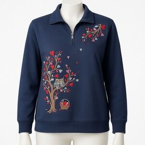 Vintage Alfred Dunner 1/4 Zip‎ Love Owl Sweatshirt Navy Blue Size M Embroidered